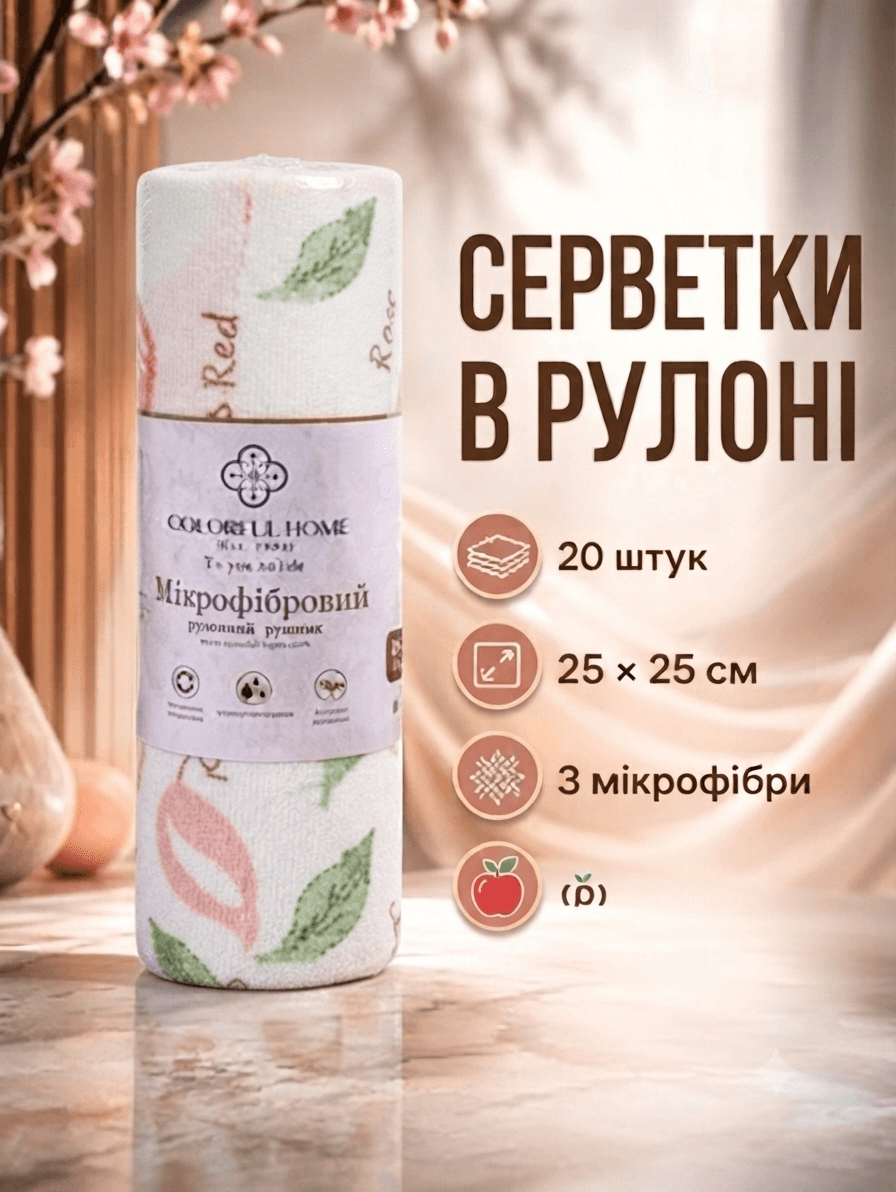 Серветка мікрофібра 25на25 рулон 20шт з принтом яблучка 3