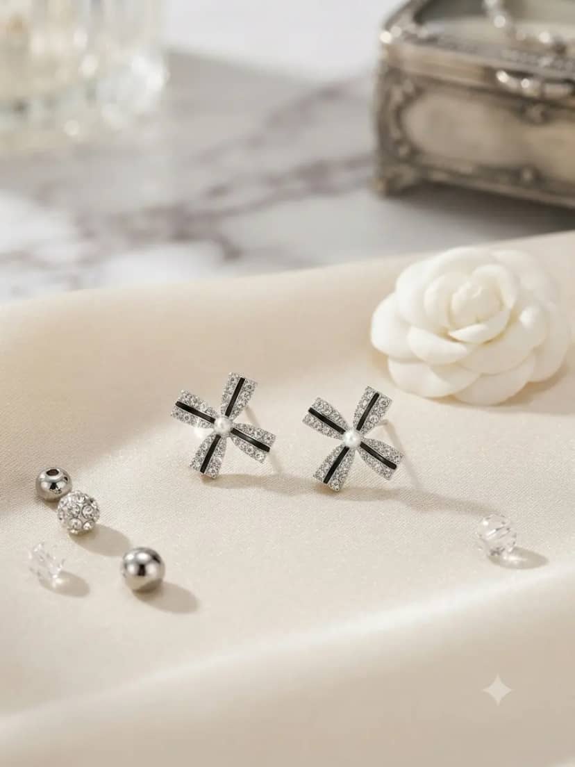 Crossed Gem Flower Stud Earrings 3