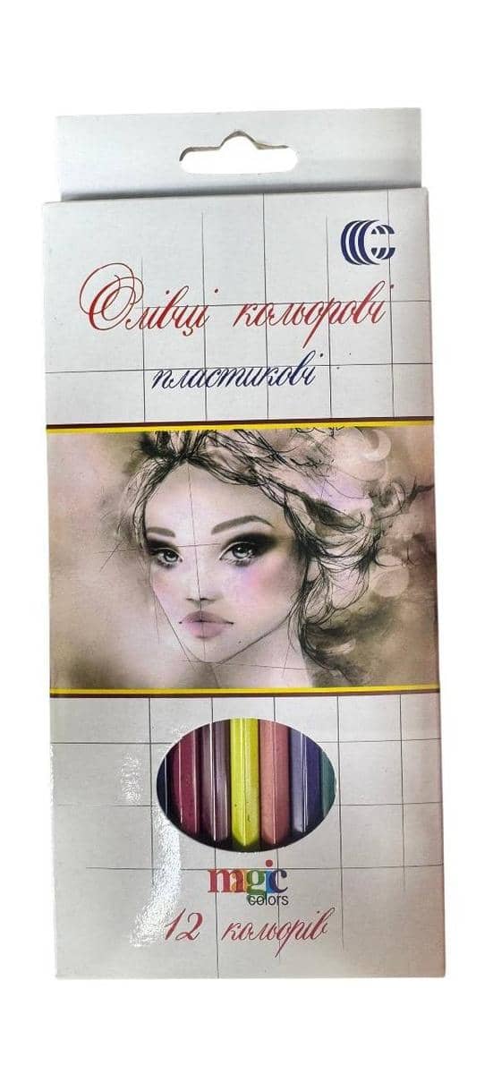 Packaging of 12 colored pencils WN 555-12 with portrait of a girl, demonstration of spectrum colors