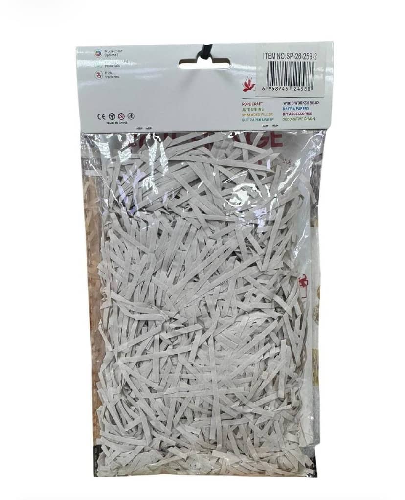 Paper Filler 259-2 Gray Color in transparent package with black clip. Light gray paper strips