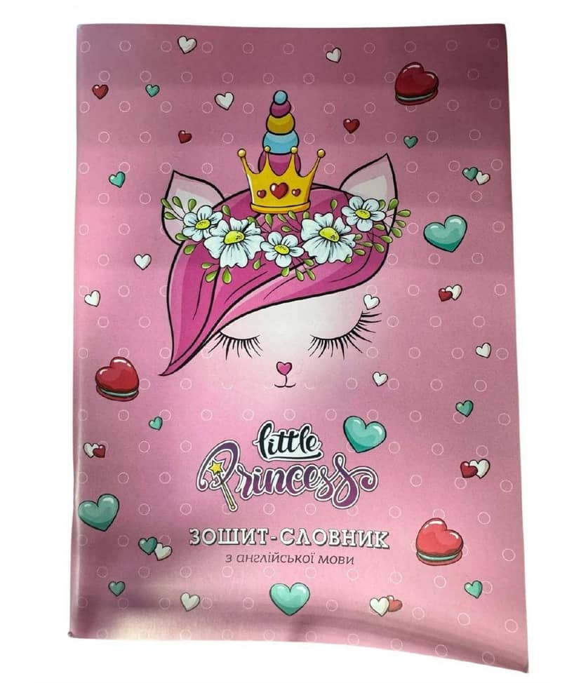 Pink dictionary notebook with beautiful kitten design in crown with flowers, decorated with hearts