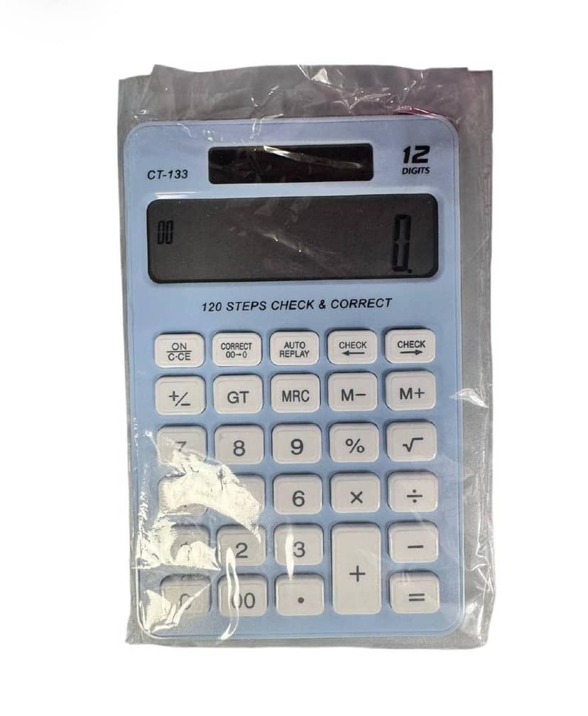 Portable 12-digit CT-133 Calculator in light blue color with black display, elegant keyboard design