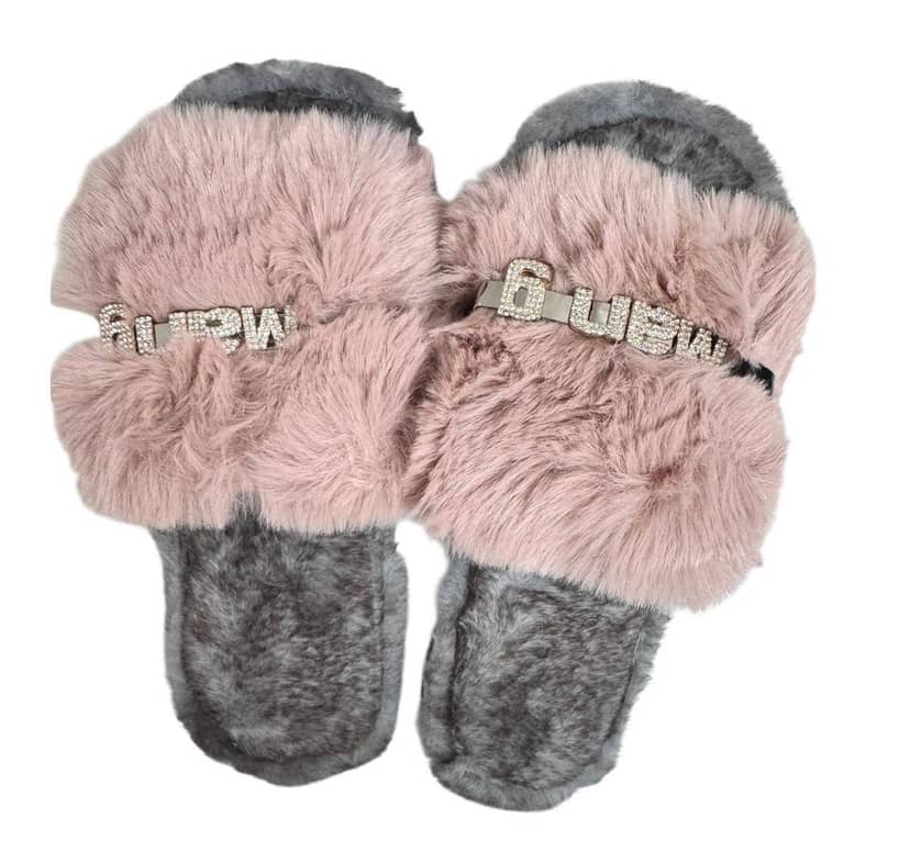 Women's slippers in pink color made of soft fluffy material, trimmed with gray fabric, with