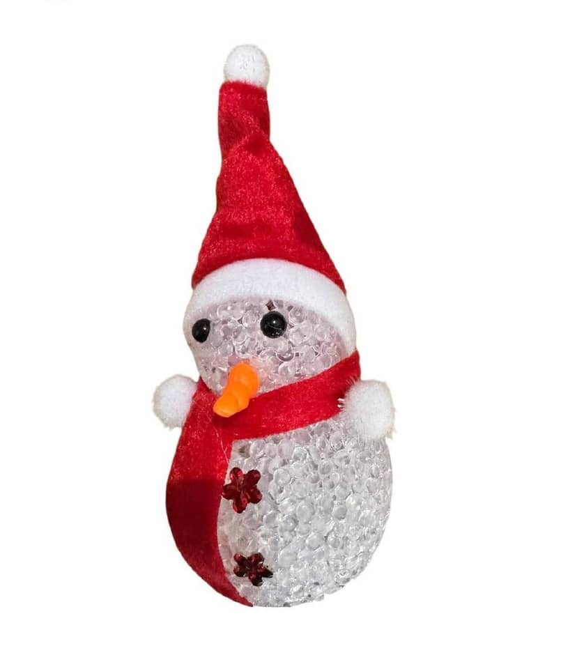 Snowman night light as a plush textured figure with red hat and scarf, orange nose and black button