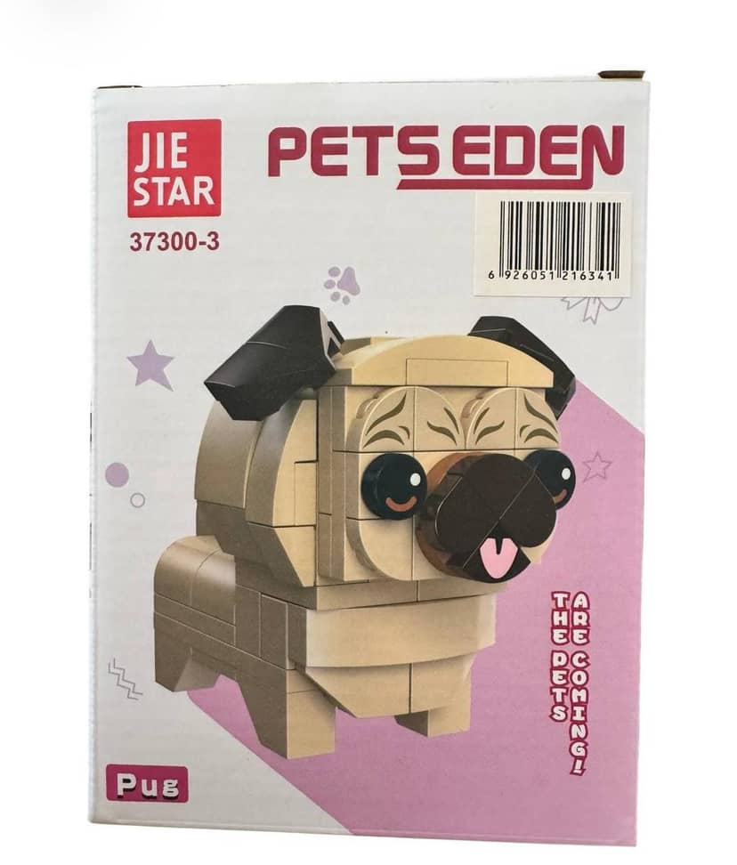 Конструктор Jie Star Pug 37300-1-6 — дерев'яна головоломка у вигляді мопса, упаковка із зображенням