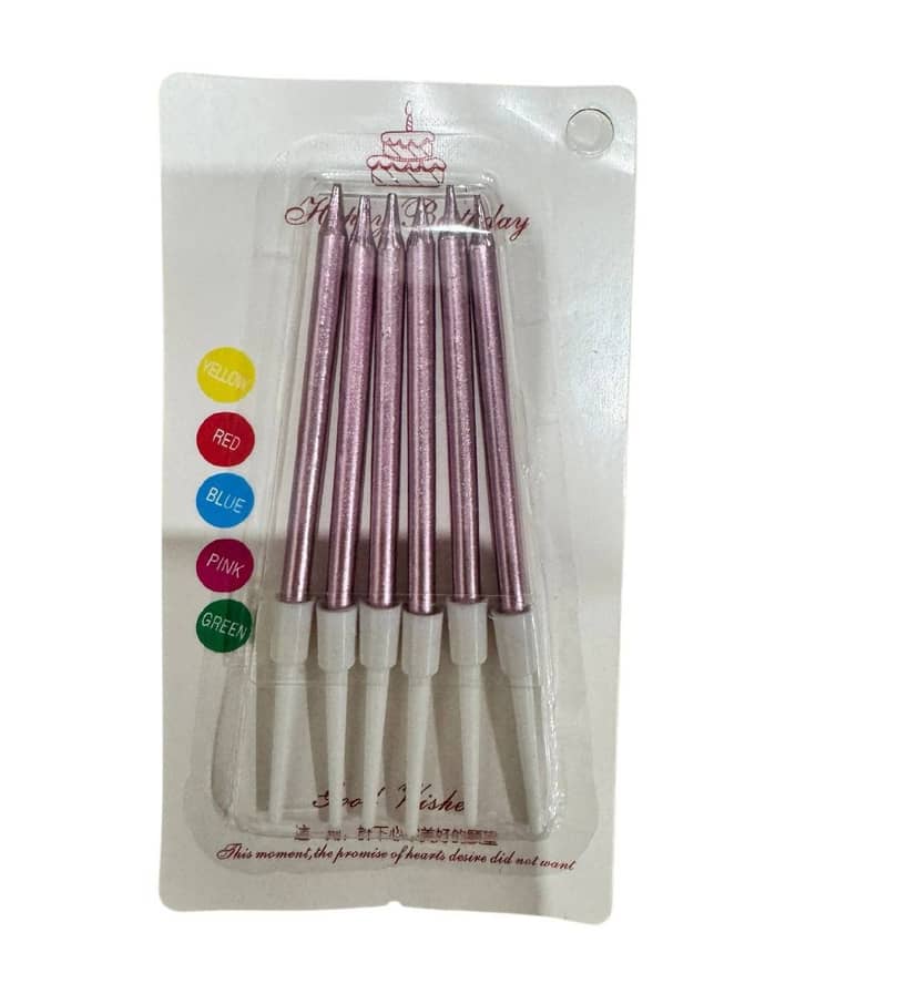 Thin Cake Candles, 6 pcs, 9.5 cm, Pink Holders