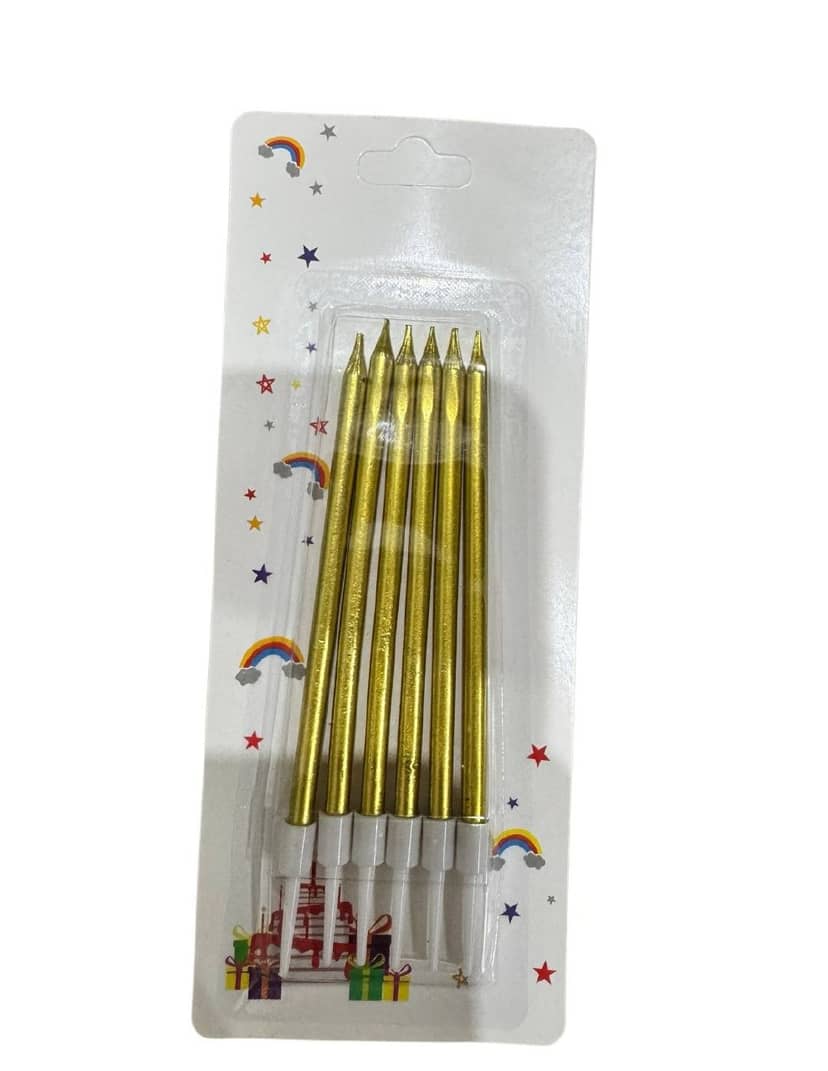 Set of 6 golden candles 13 cm tall for cakes on white metallic stands, packaged in cellophane on