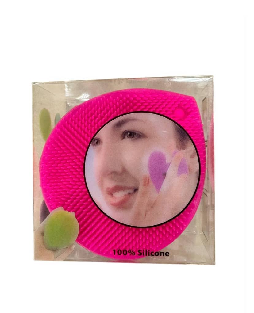Silicone Face Brush Sponge 5159 bright pink in packaging. Textured silicone sponge surface with
