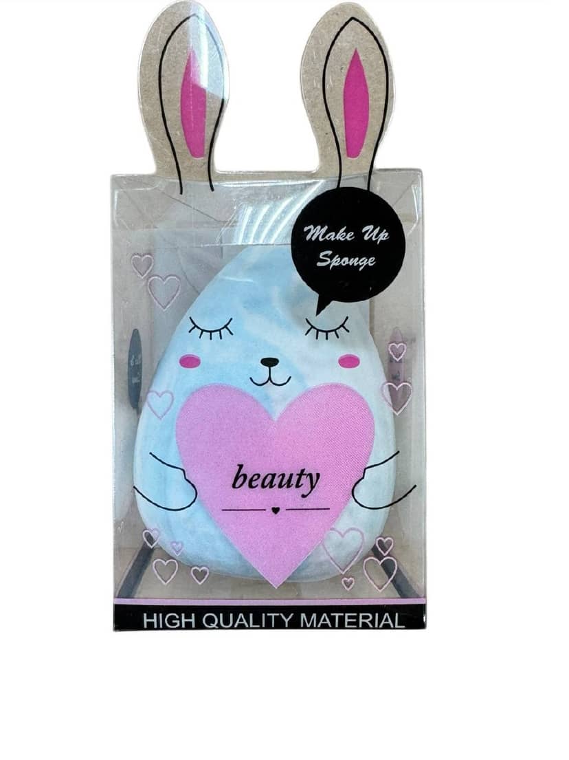Makeup sponge in the shape of a blue bunny M38 with long pink ears, black nose and pink heart on