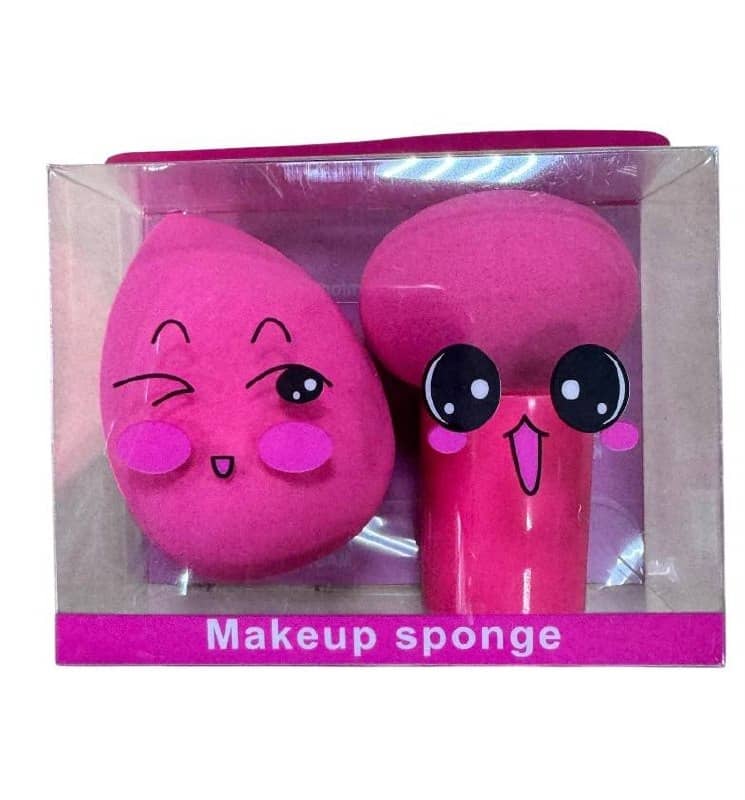 Two bright pink makeup sponges with cute characters in plastic box - professional set for cosmetics