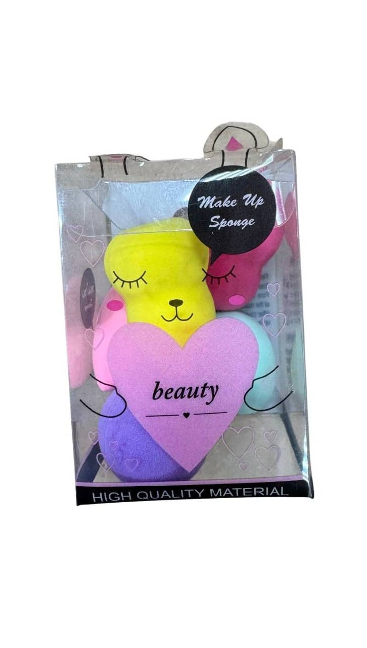 Set of 5 soft makeup sponges in various colors (yellow, pink, purple, blue) shaped like cute