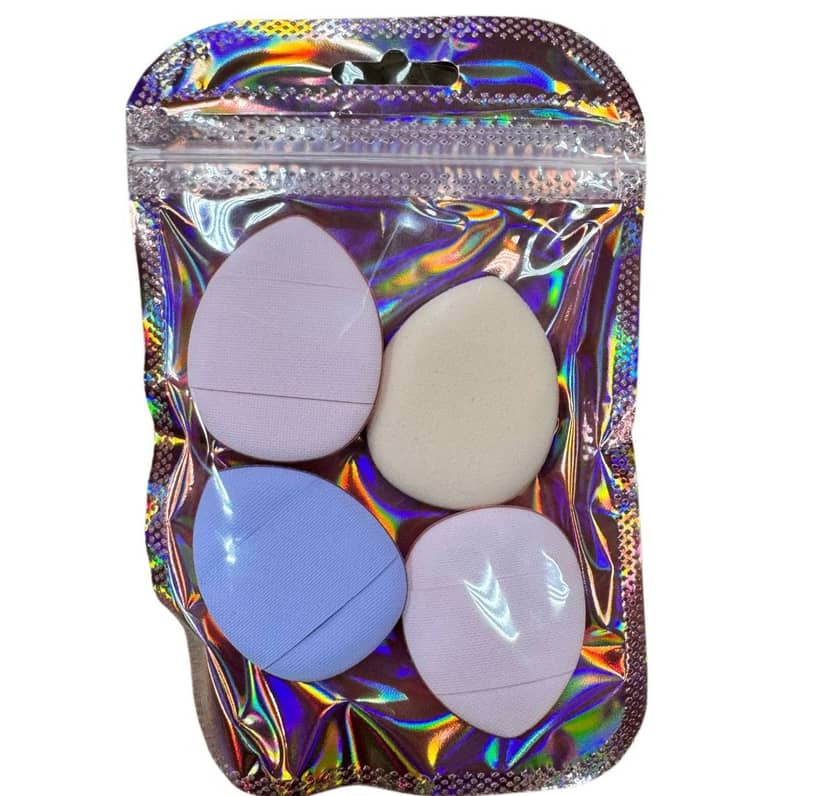 Mini sponge set 4 pieces in bright holographic packaging, contains four soft egg-shaped sponges in