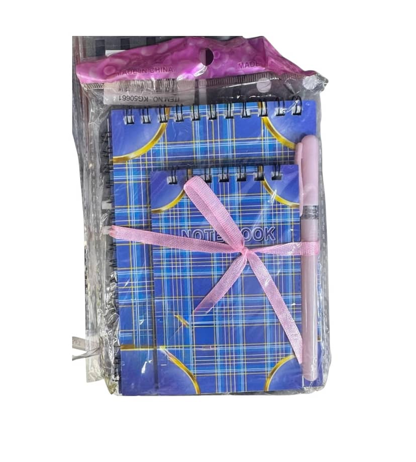 Set of three spiral notebooks in blue with gold ornament and pink ribbon, packed in transparent