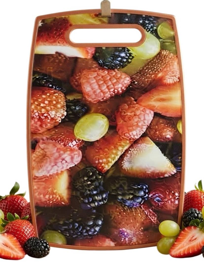 Plastic cutting board with fruit print