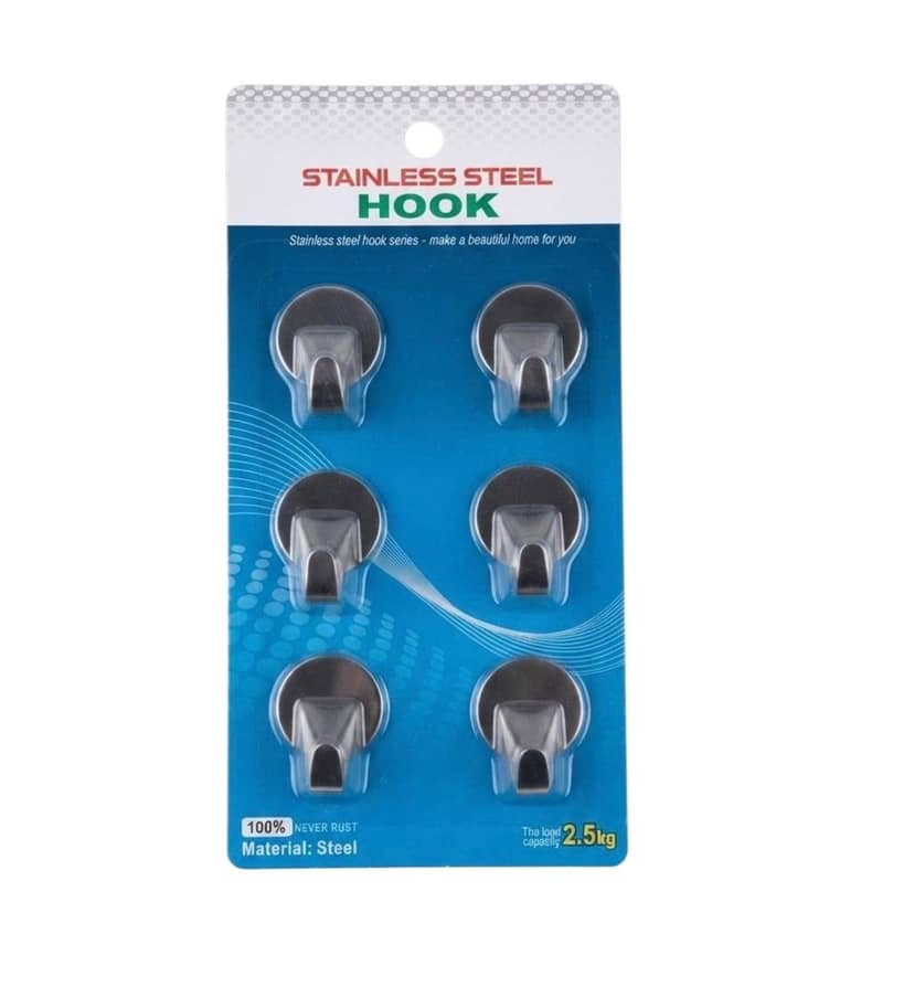 Stainless steel self-adhesive hooks on packaging