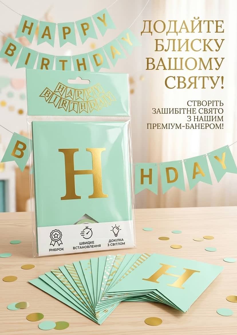 Гірлянда-розтяжка прапорці 12х16,5см Happy Birthday кольор бірюзовий 2
