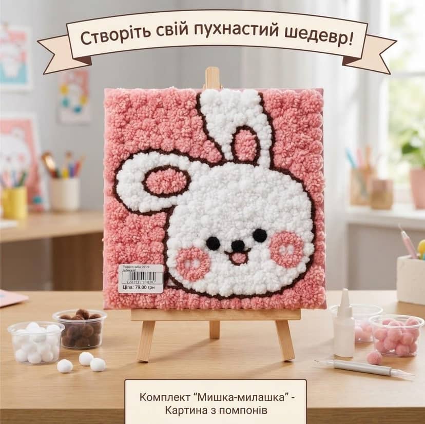 Картина зайчик з помпонів 22х22 4