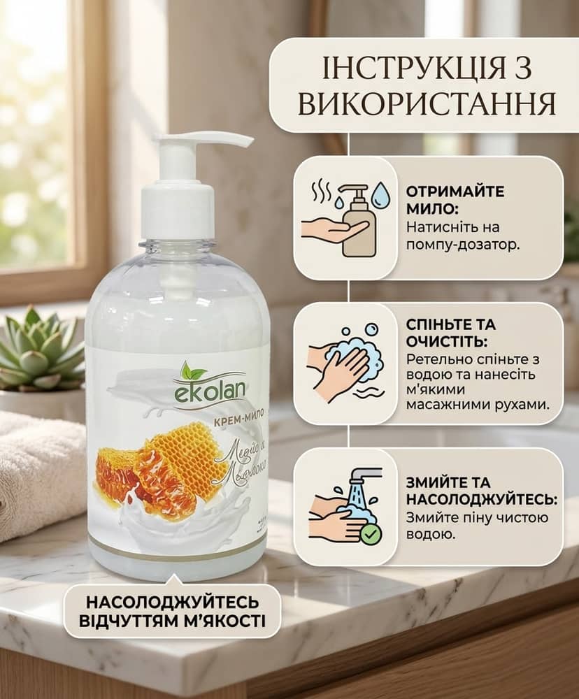 Крем-мило Молоко-мед ТМ Ekolan 500г дозатор 3
