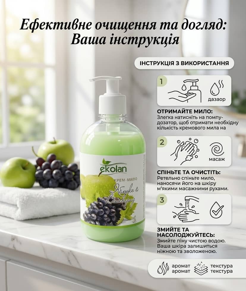Крем-мило Яблуко-Виноград ТМ «Ekolan” 500г 2
