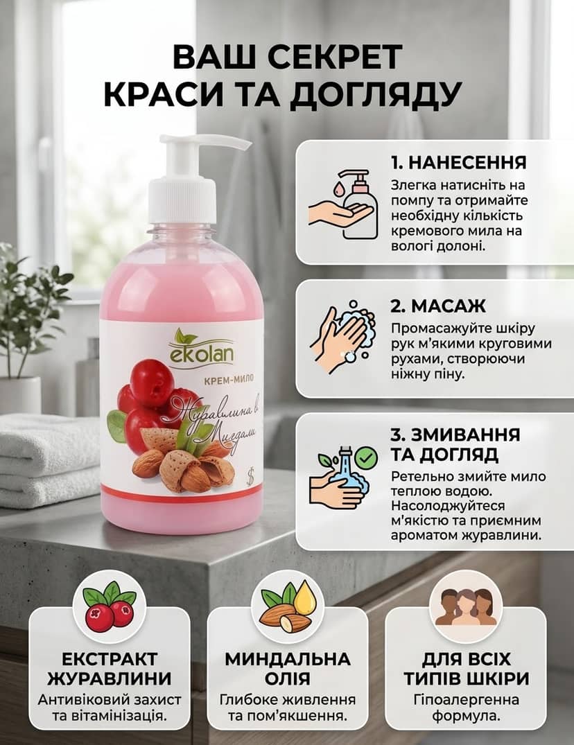 Крем-мило Журавлина-Мигдаль ТМ Ekolan 500г 2