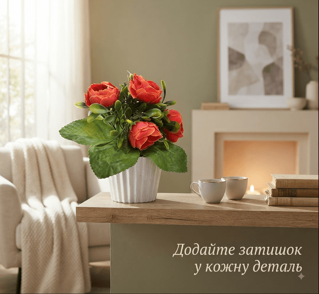 Квіти камеліі 5 бутонів в горщику декор червоного кольору 4