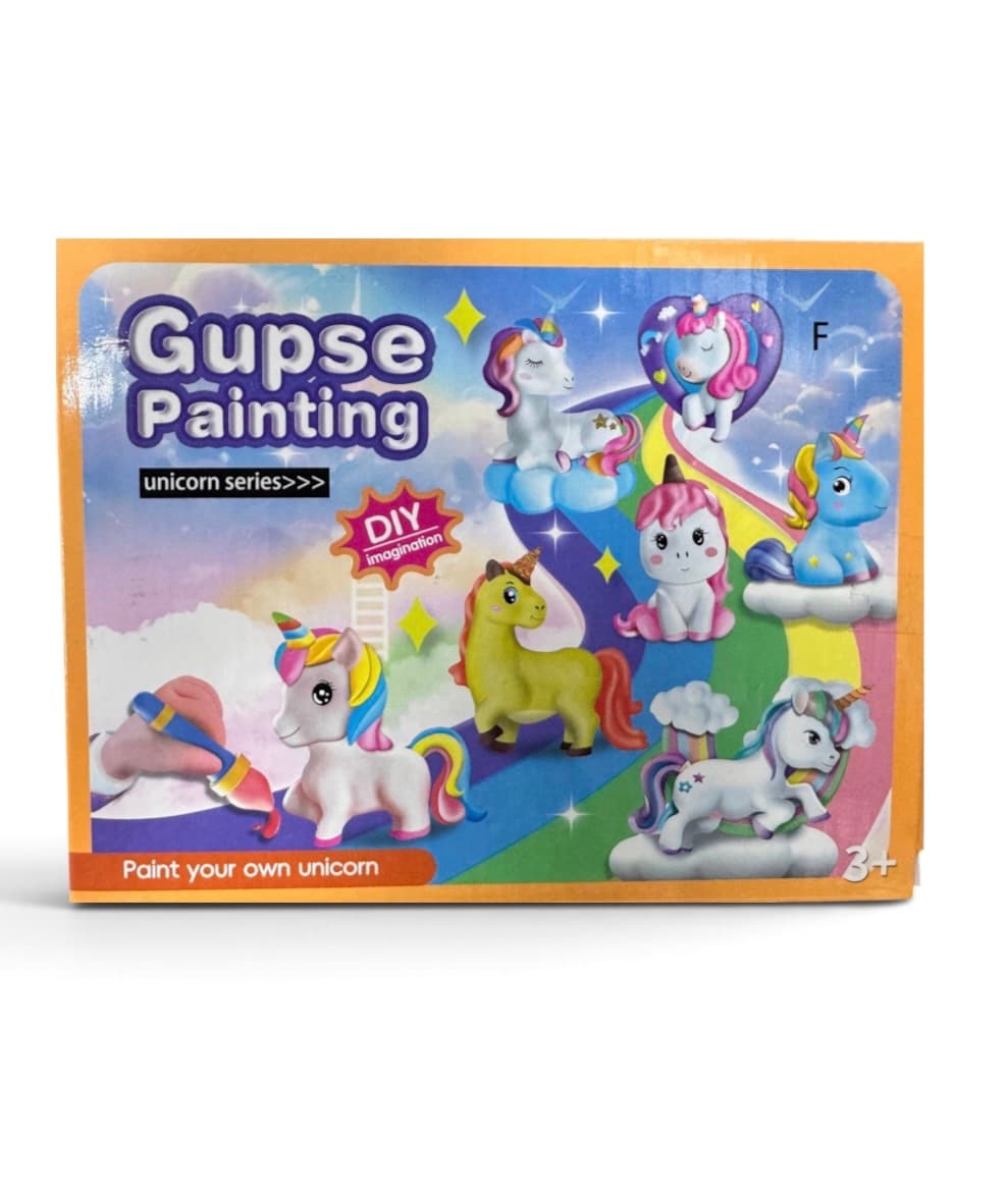 Набір для творчості Gupse Painting серії Unicorn — упаковка з гіпсовими фігурками єдинорогів білого та кольорового кольорів, приклади розфарбовування на небесному фоні з хмарками та зірками