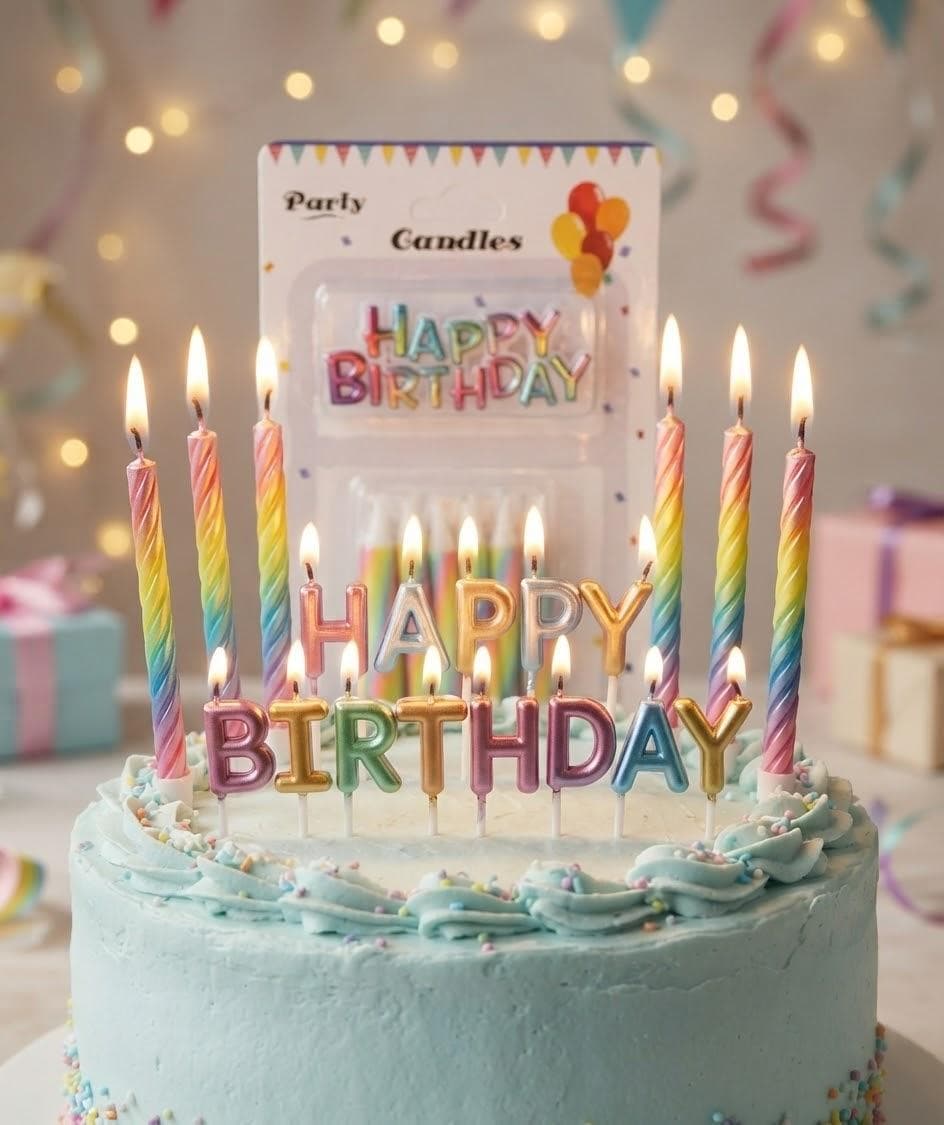 Набір свічок торт короткі райдуга+Happy birthday 2