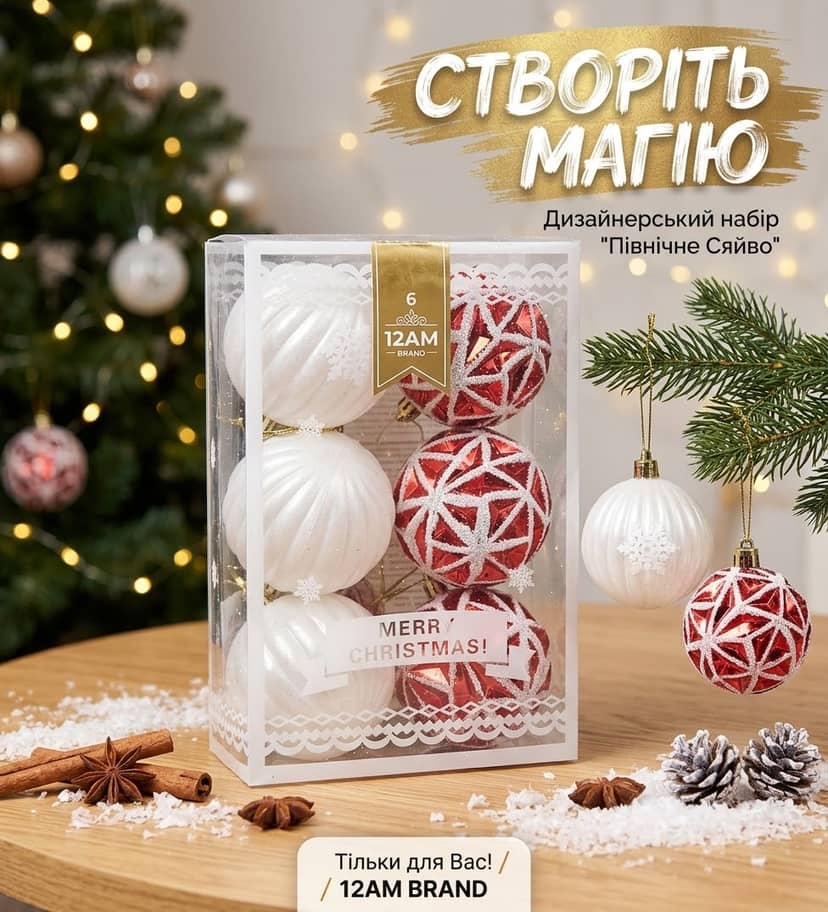 Набір ялинкових куль біло/червоні в пласт короб 12шт 3