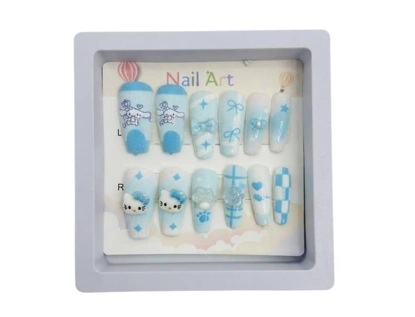 Set of decorative teenage press-on nails in blue shades