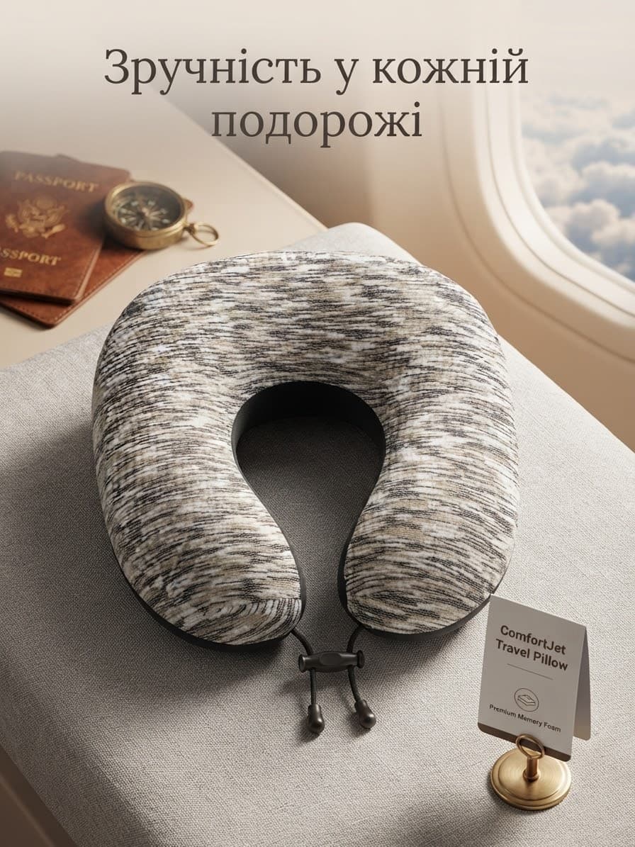 Подушка дорожня рогалик 001-020 холодок біж у лінію з білим та коричневим кольором 3