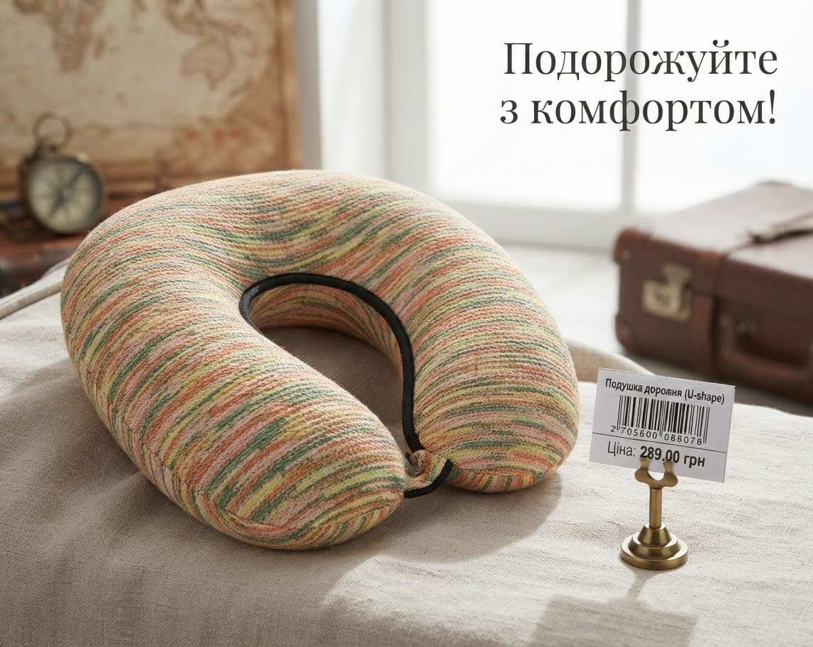 Подушка дорожня рогалик 001-020 холодок жовтого кольору з зеленим та оранжевим 5
