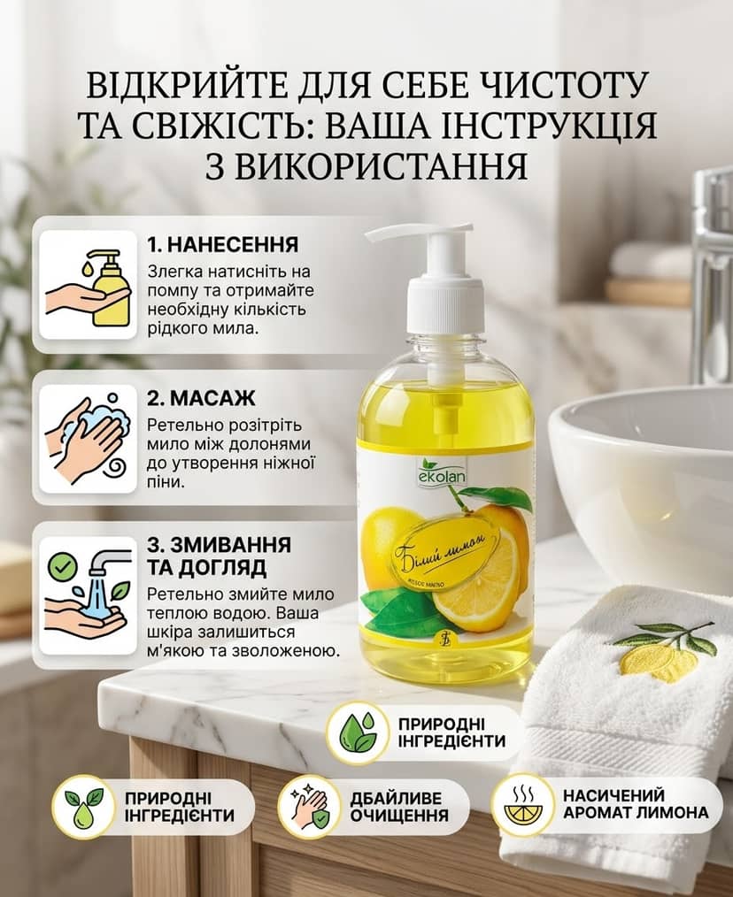Рідке мило лимон ТМ Ekolan 500г дозатор 2