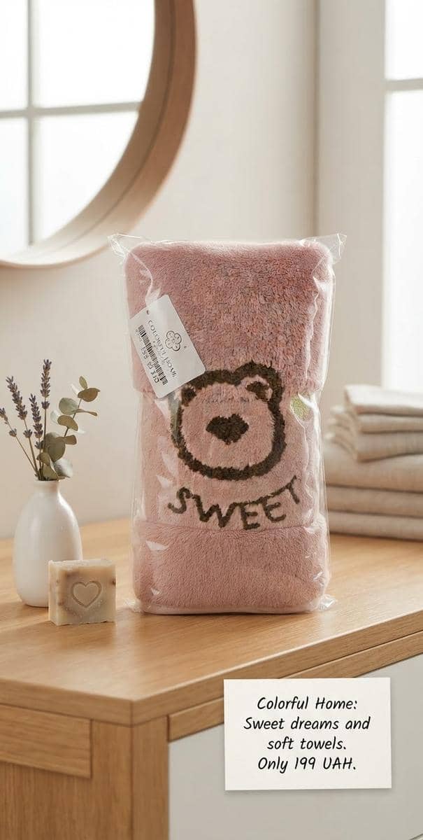 Полотенце COLORFUL H HOME розовое с коричневым рисунком мишка 2