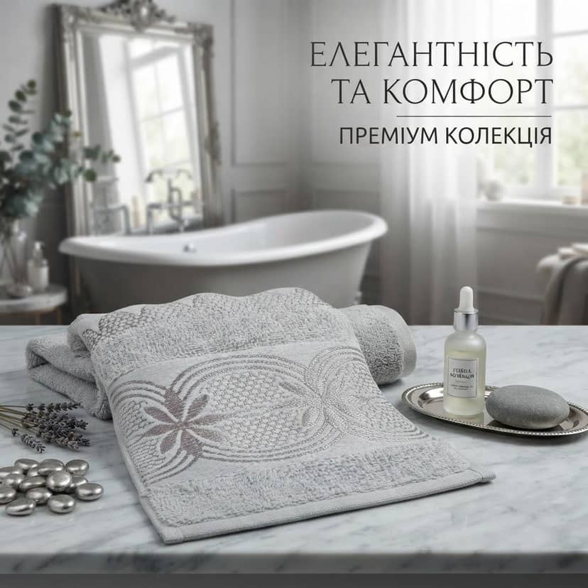 Рушник м сірого кольору з фіолетовими малюнками квіти, кола 3