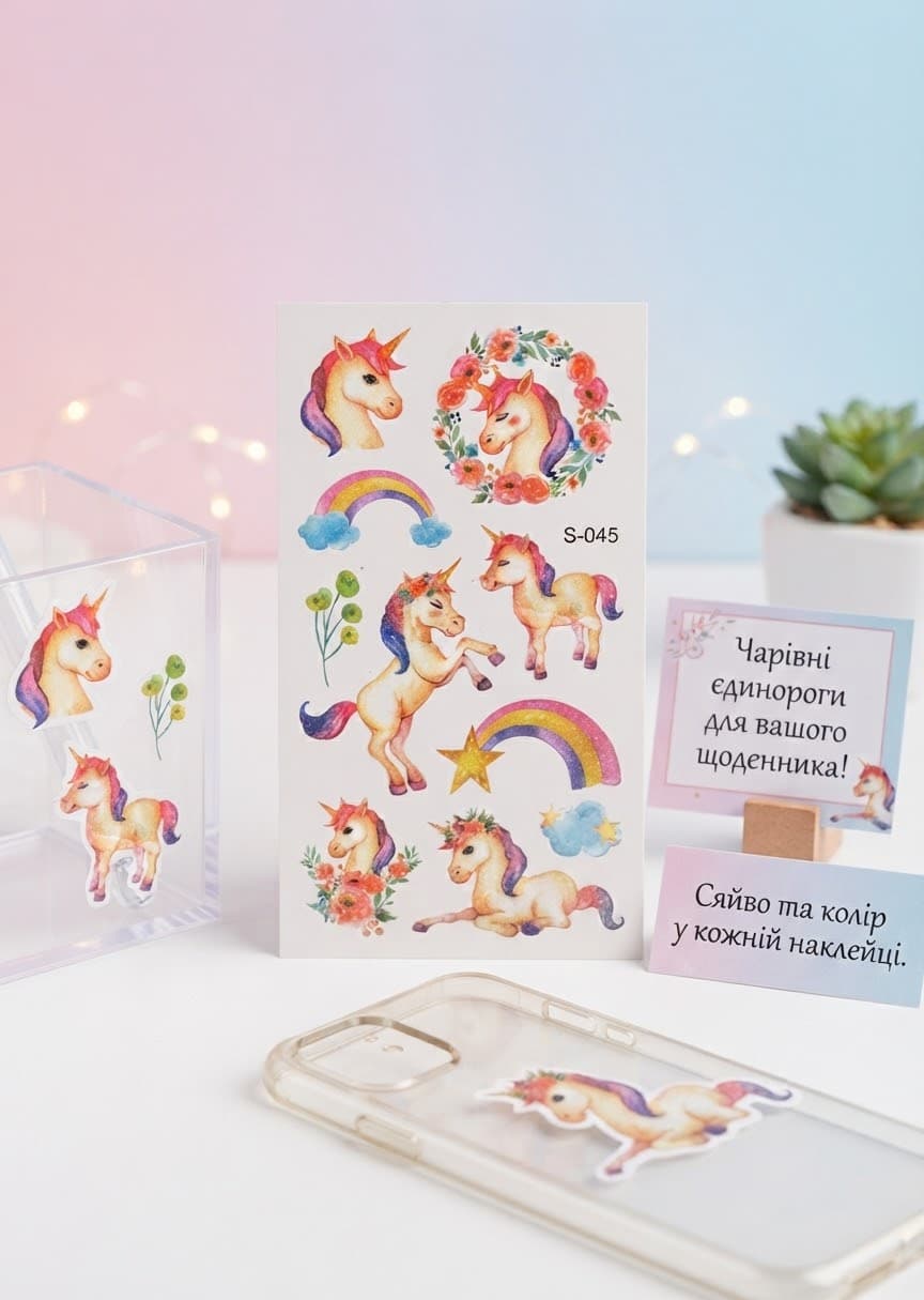 Тату єдиноріг глітер з квітами 2