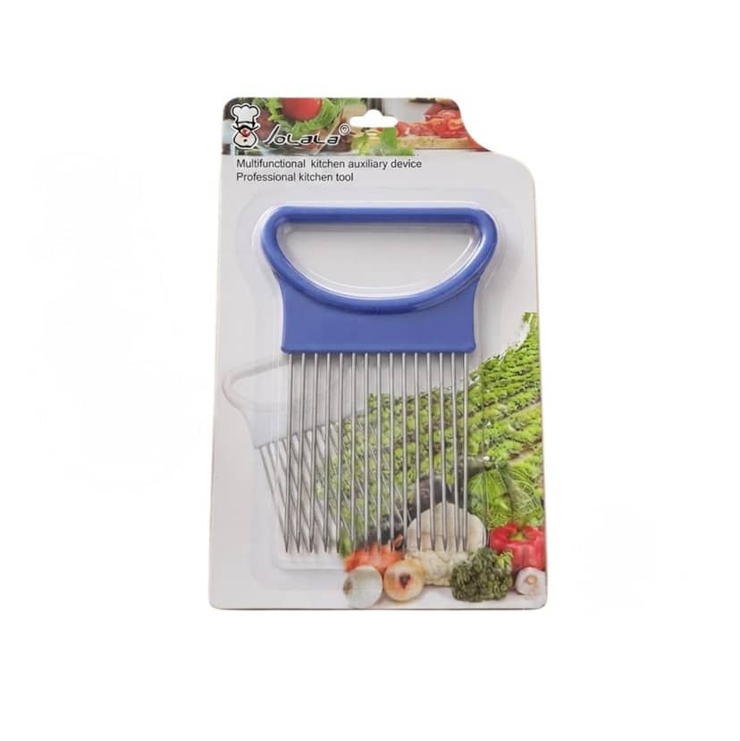Slicing holder with a blue handle and metal prongs