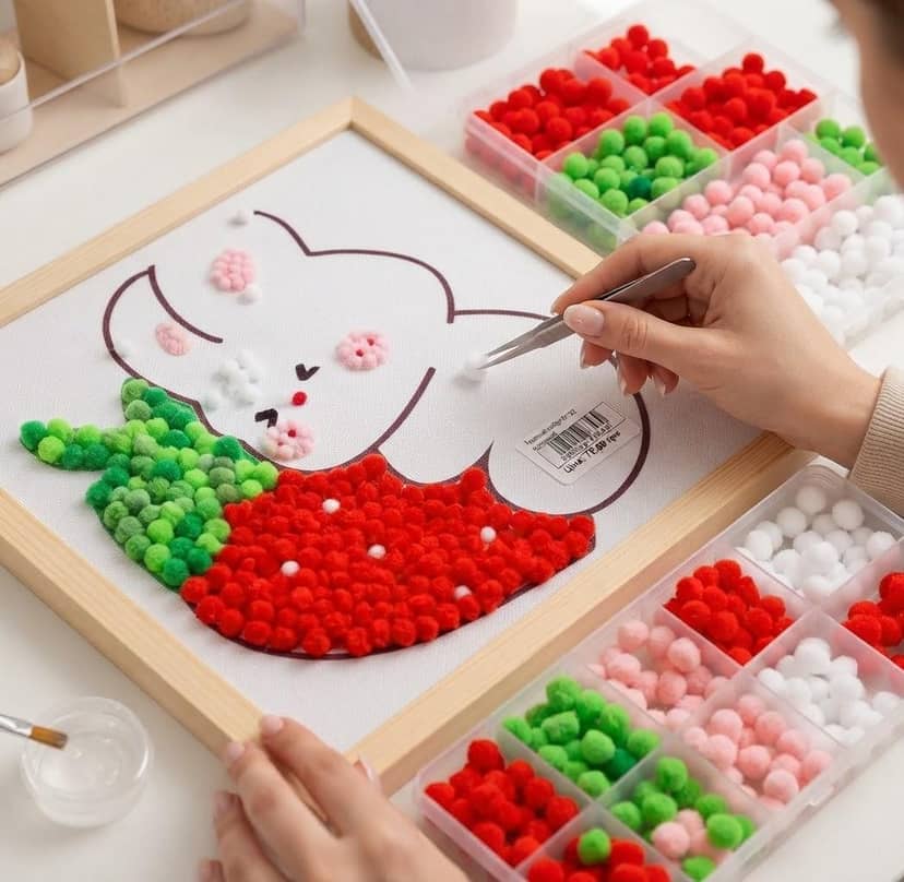 Pom-Pom Picture Craft Kit, White Bunny with Strawberry, 22x22 3