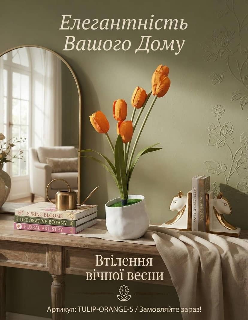 Тюльпан 5 закритих квітів в білому горщику руді 3