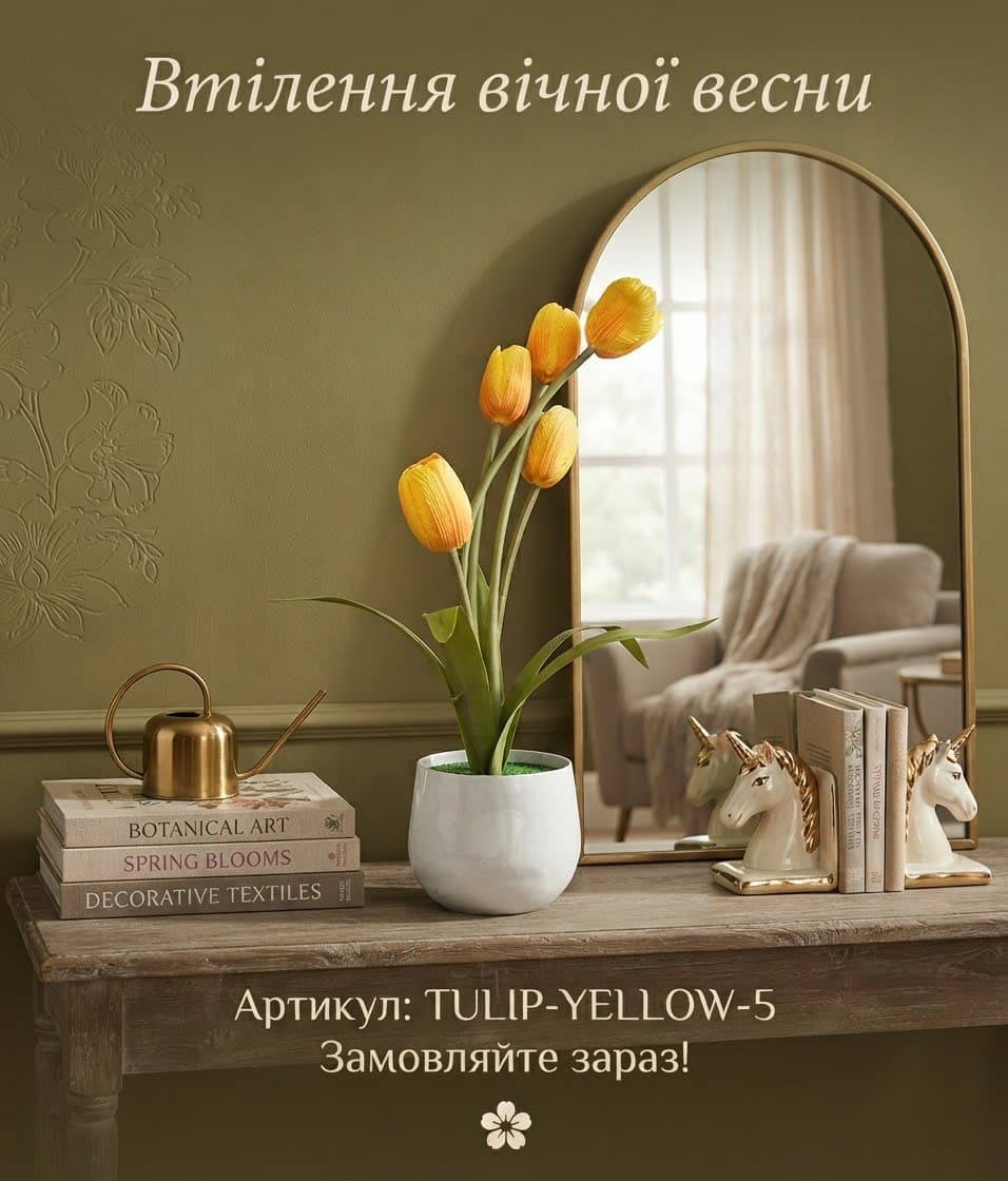 Тюльпан 5 закритих квітів в білому горщику жовті 3